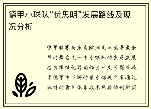 德甲小球队“优思明”发展路线及现况分析